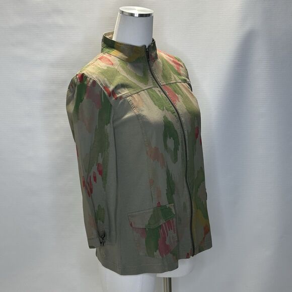 Chicos Zenergy Jacket Womens 0 Small Green Ikat Utility Zip Up Tie 3/4 Sleeve - Picture 5 of 14